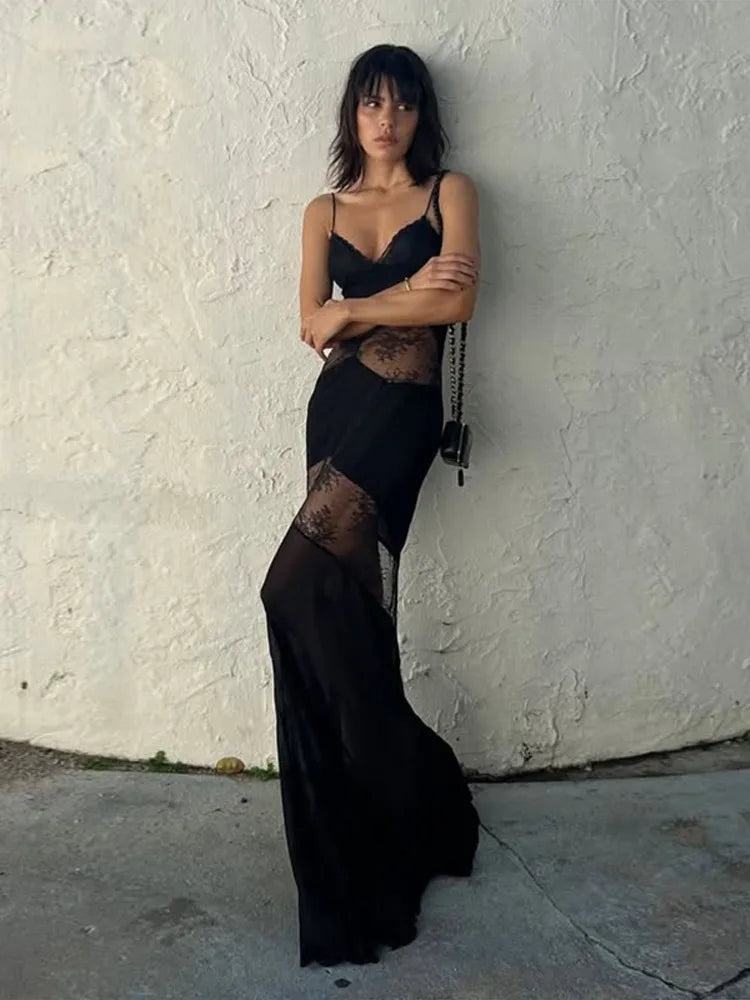 Black Backless Lace Maxi Dress For Women See Through