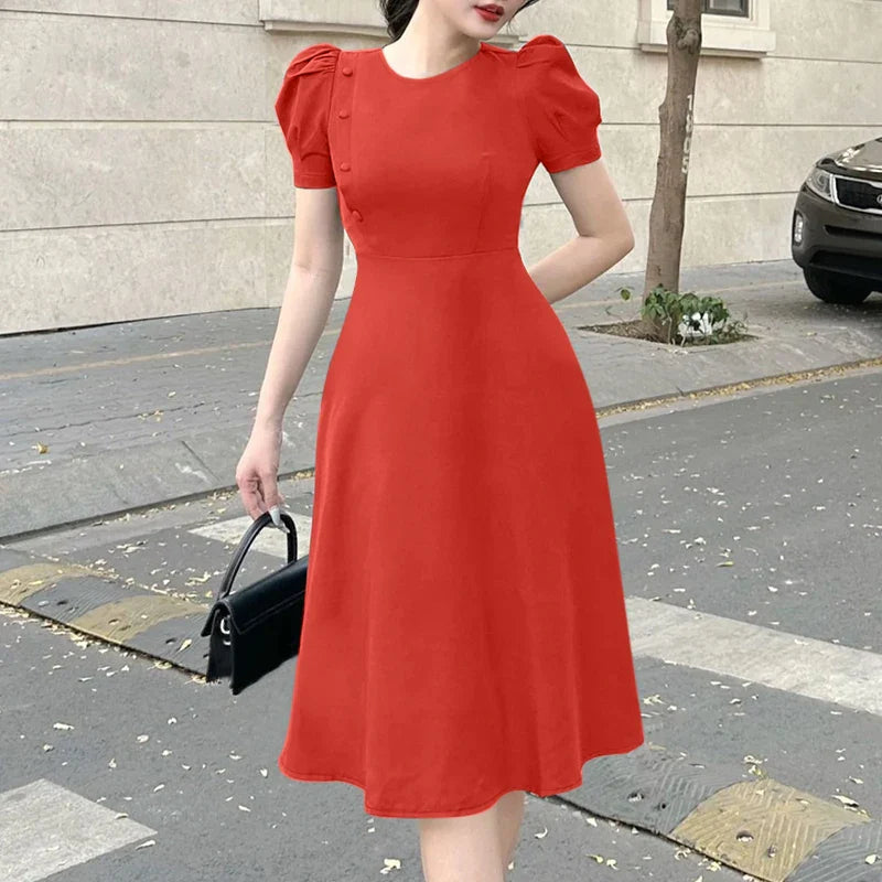 Elegant Short Puff Sleeve A Line Sundress for Office