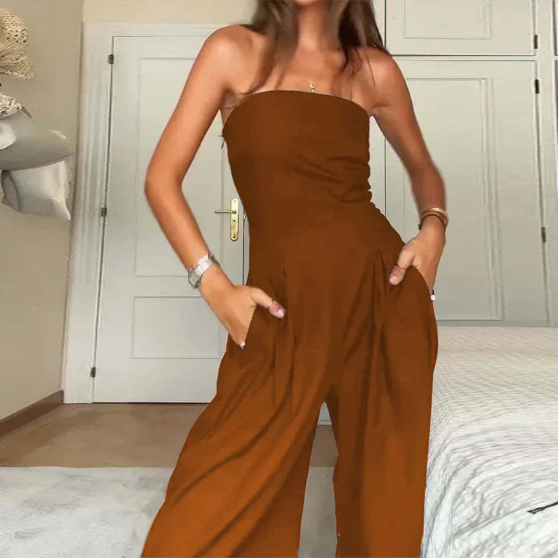 Solid Backless Off Shoulder Jumpsuit for Women Waist Cinching Wide Leg Pants with Pockets Elegant Summer Bodysuit Outwear