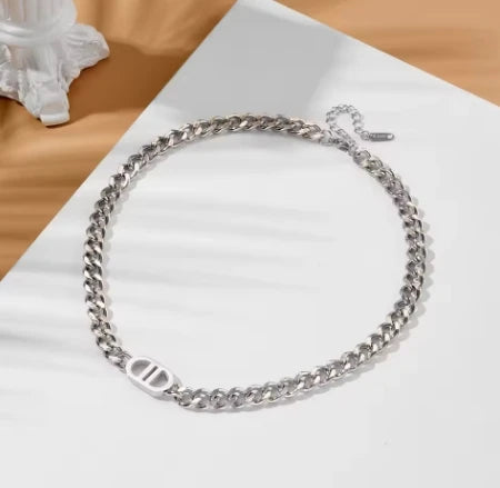 Gold Color Cuban Chain Necklace and Bracelet Set for Women with Geometric Charms