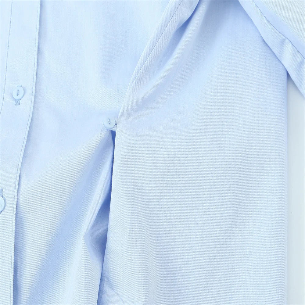 Women's Light Blue Long Sleeve Button Down Shirt with Pleated Waist and Classic Collar for Office and Stylish Wear