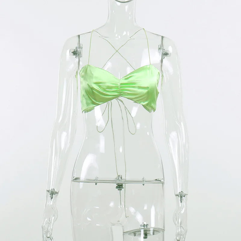 Two Piece Strapless Rope Halter Satin Bikini Set For Beach