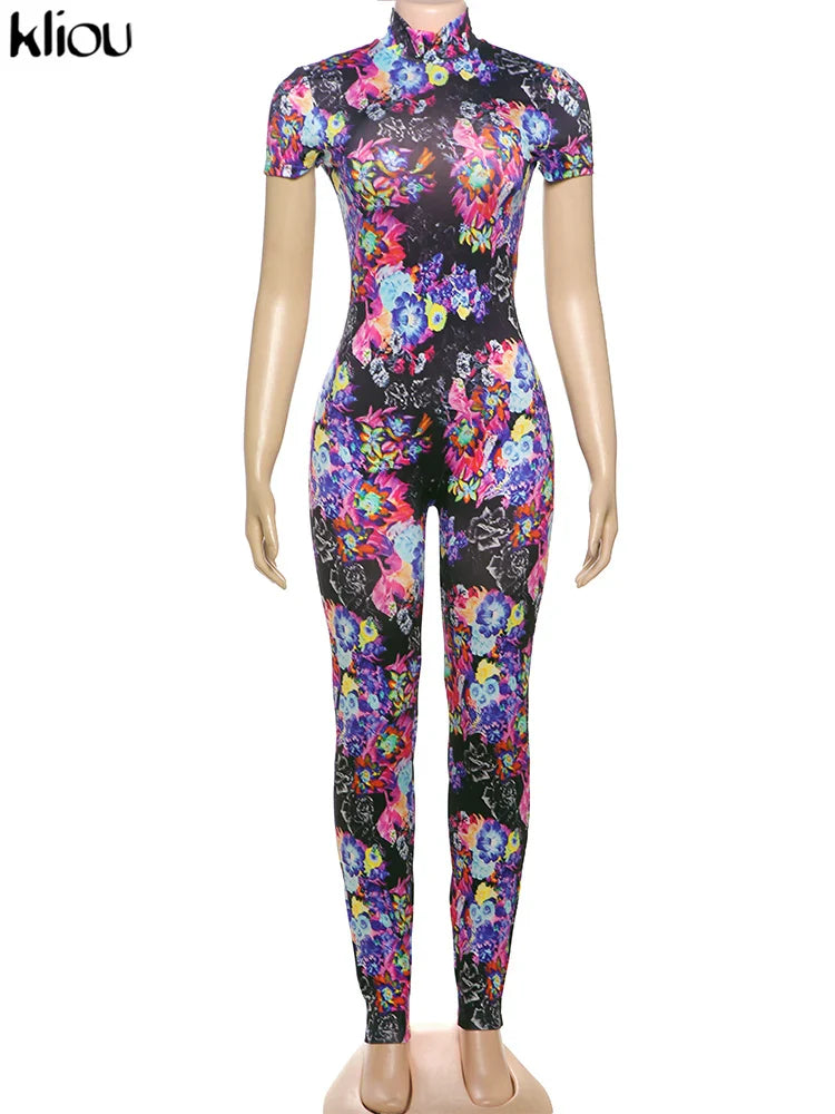Sexy Printed Slim Fit Jumpsuit with Back Hollow Detail Full Sleeve Stand Collar Overalls for Midnight Party and Clubwear