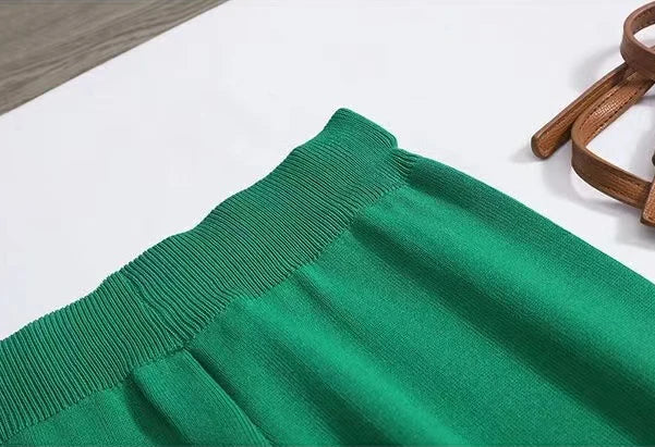 Spring Women Knitted Sweater Set Casual Pullover and Pant Outfit with Color Contrast Block Design