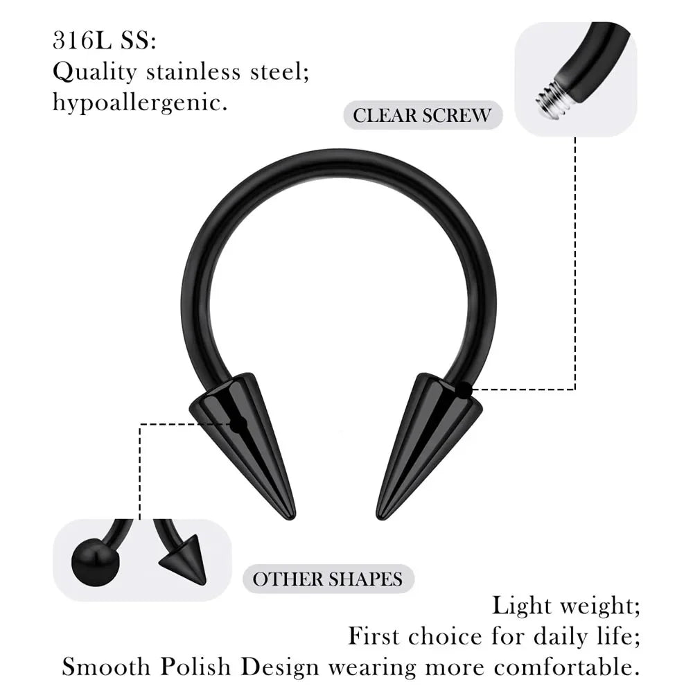 Spike Septum Ring 16G Surgical Steel Piercing Jewelry Vertical Snake Bite Lip Ring for Men and Women 8mm or 10mm