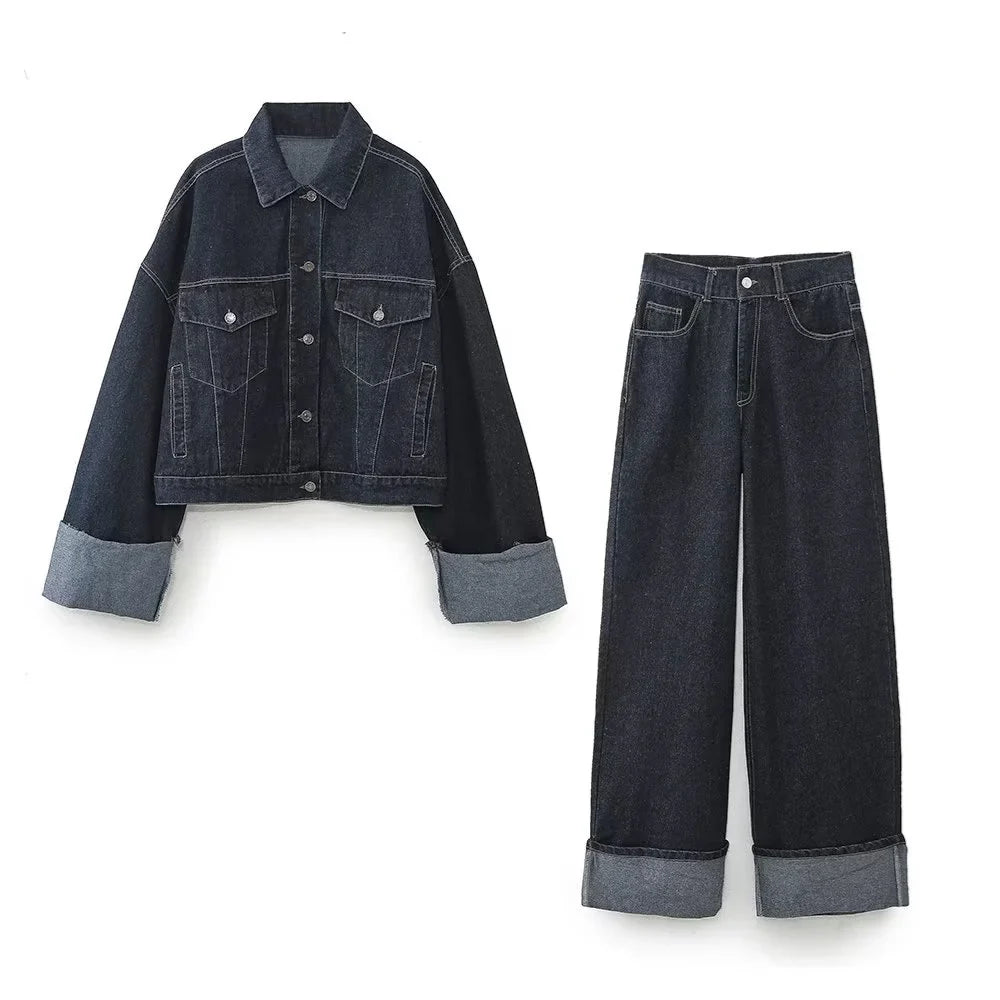 Women's Denim Jacket and Wide Leg Pants Set Stylish Spring Outfit