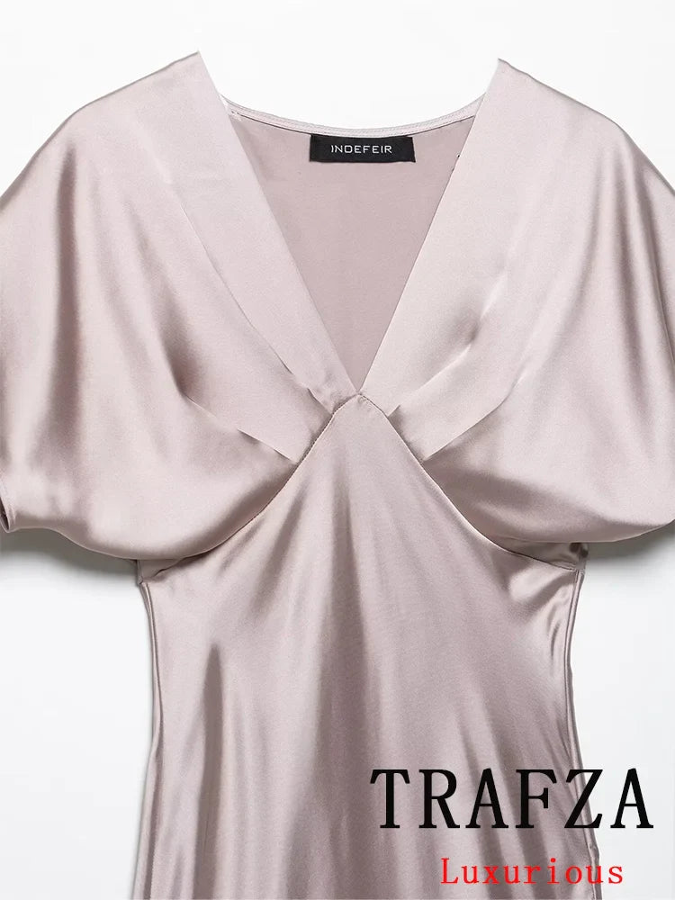 Satin V Neck Long Dress For Women Elegant Party Gown