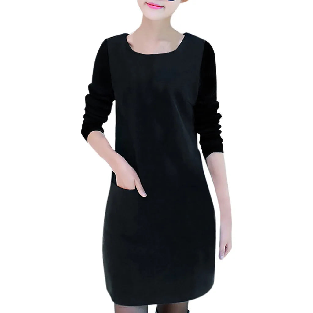 Women Velvet Padded Sweatshirt Dress With Pocket Detail
