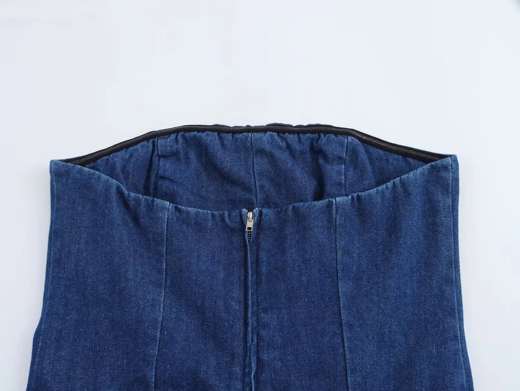 Denim Midi Dress With Pleats Backless Style High Waist