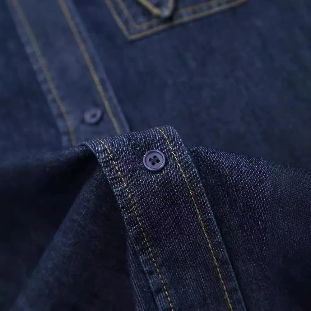 Women's Retro Long Sleeve Denim Shirt with French Bow Lapel Single Breasted Pocket Casual Cardigan for Fall and Winter Fashion