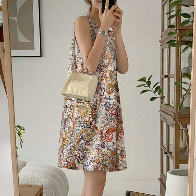 Boho Print Pleated Sleeveless Mini Dress For Summer
