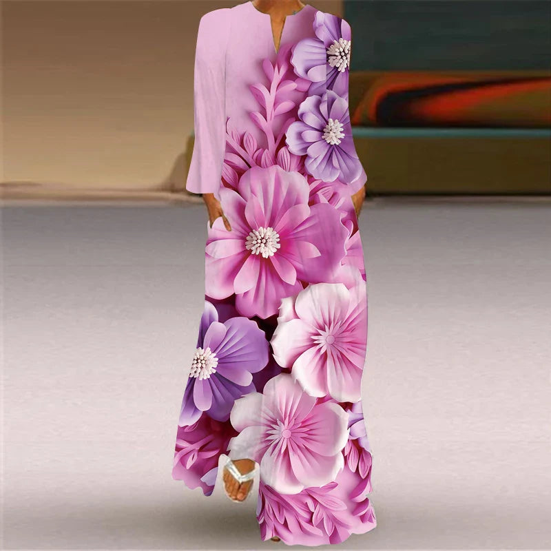 Printed V Neck Long Sleeve Dress With Large Pockets