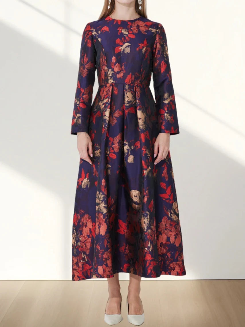 Boho Floral Jacquard Maxi Dress With Long Sleeves For Fall