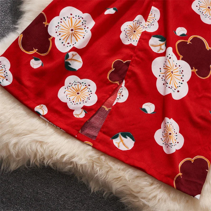 Red Kimono Cardigan For Women See Through Lace Up Dress