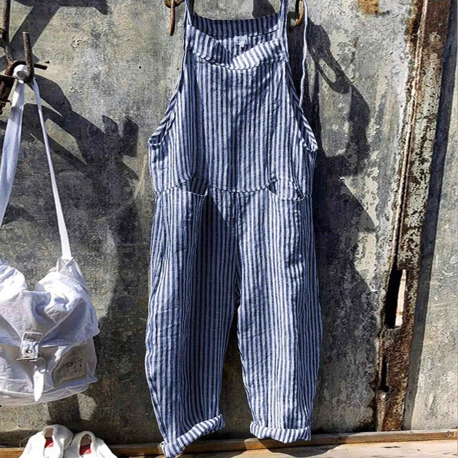 Vintage Multicolor Women's Cargo Jumpsuit Wide Leg Sleeveless Bib Trousers Casual Loose Fit with Pockets