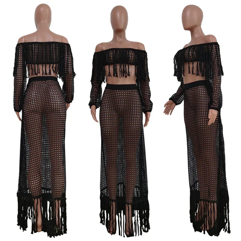 Fringed Tassel Two Piece Women's Beachwear Set Crochet Hollow Out See Through Crop Top and Long Skirt Vacation Outfit