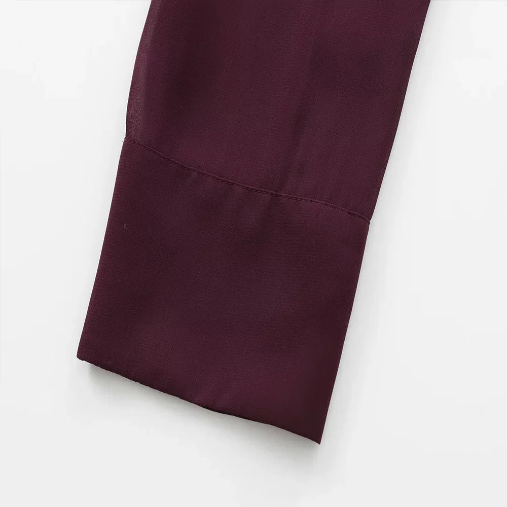 Women's Wine Red Polo Collar Chiffon Shirt Long Sleeve Single Breasted Bow Lace Up Loose Blouse