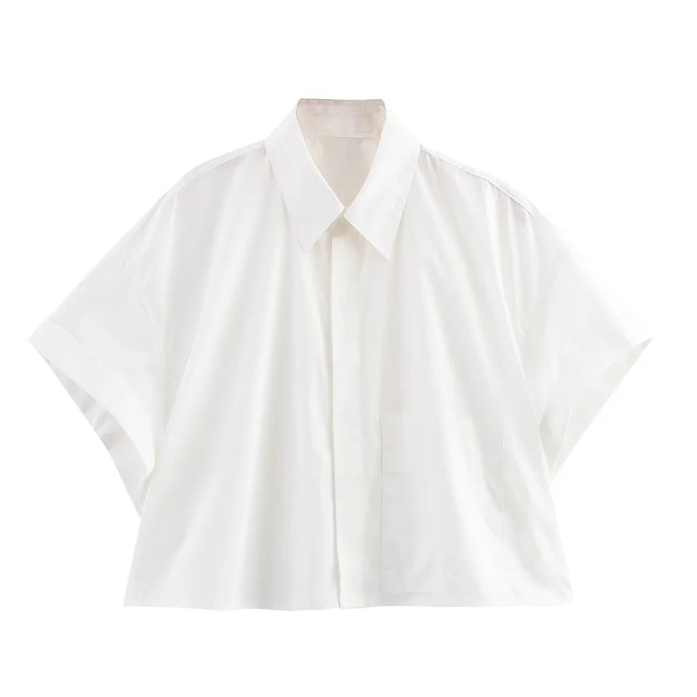 Women's Poplin Short Sleeve Shirt with Elegant Collar Buckle Detail Casual Lightweight Top for Spring and Summer