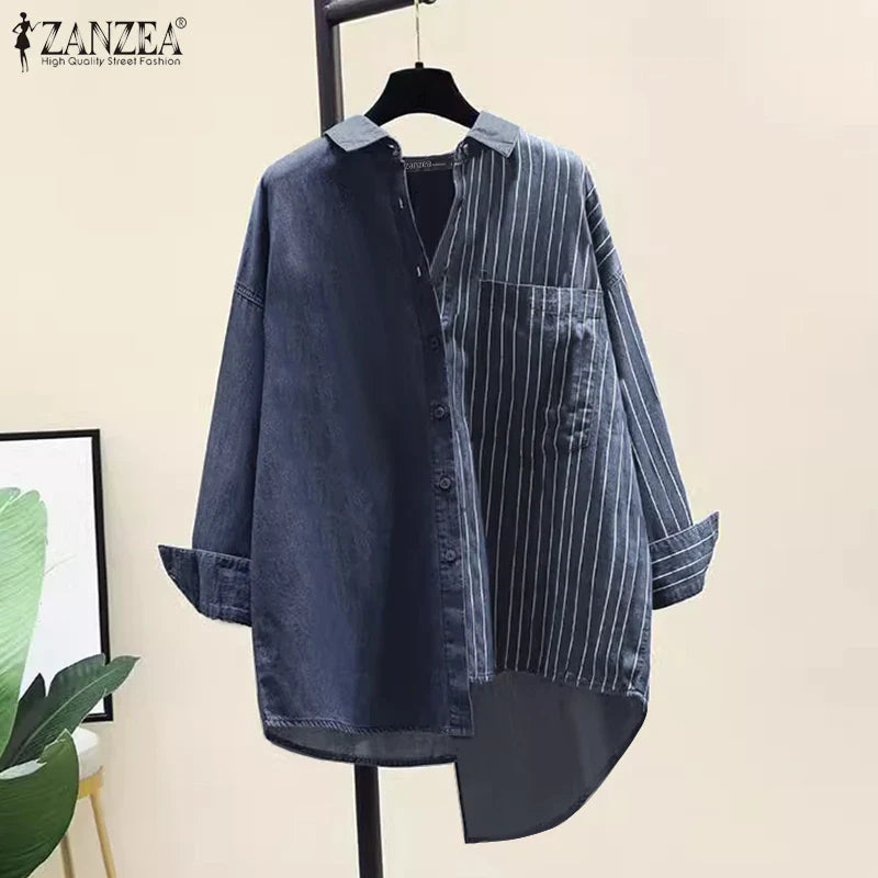 Women's Striped Patchwork Long Sleeve Shirt Casual Loose Blouse with Front Pocket and Shirt Collar Oversized Work and Everyday Wear Top