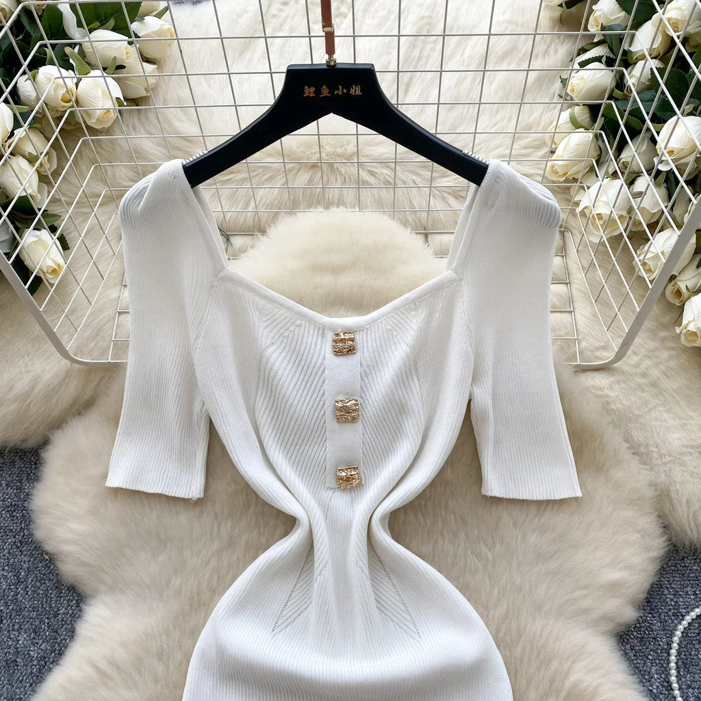Women Square Collar Knit Dress Short Sleeve Wrap Sheath