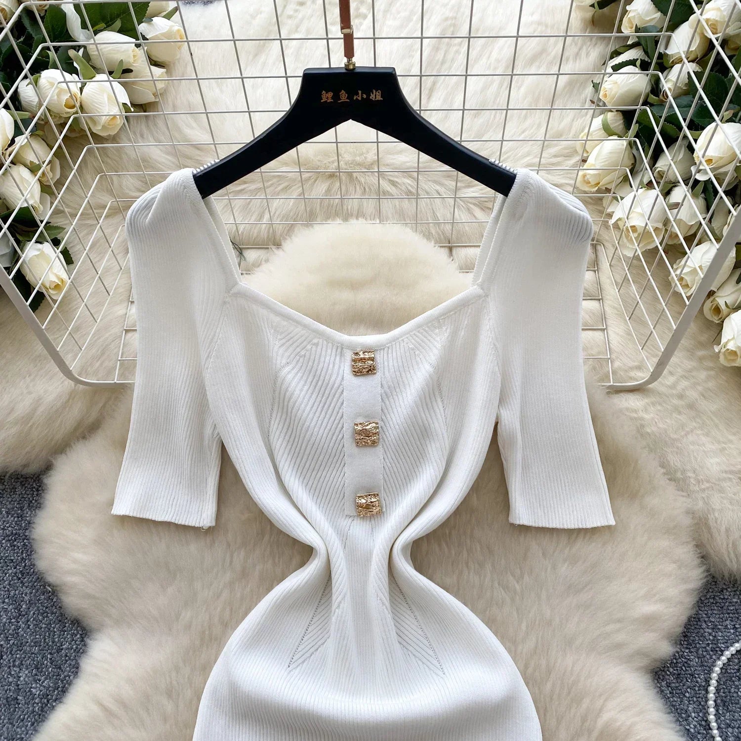 Women Square Collar Knit Dress Short Sleeve Wrap Sheath