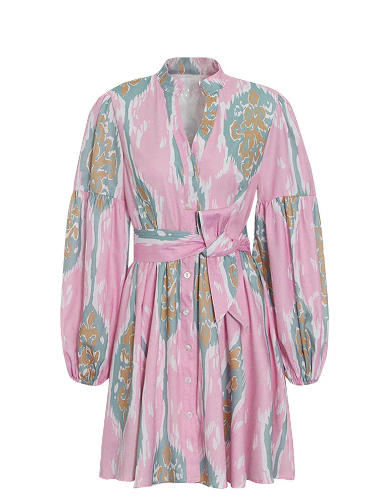 Printed Lantern Sleeve Dress For Women Summer Lightweight