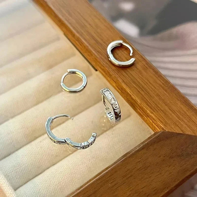 4Pcs Set Stainless Steel Zircon Crystal Hoop Earrings for Women Aesthetic Y2K Daily Wear Jewelry Accessories