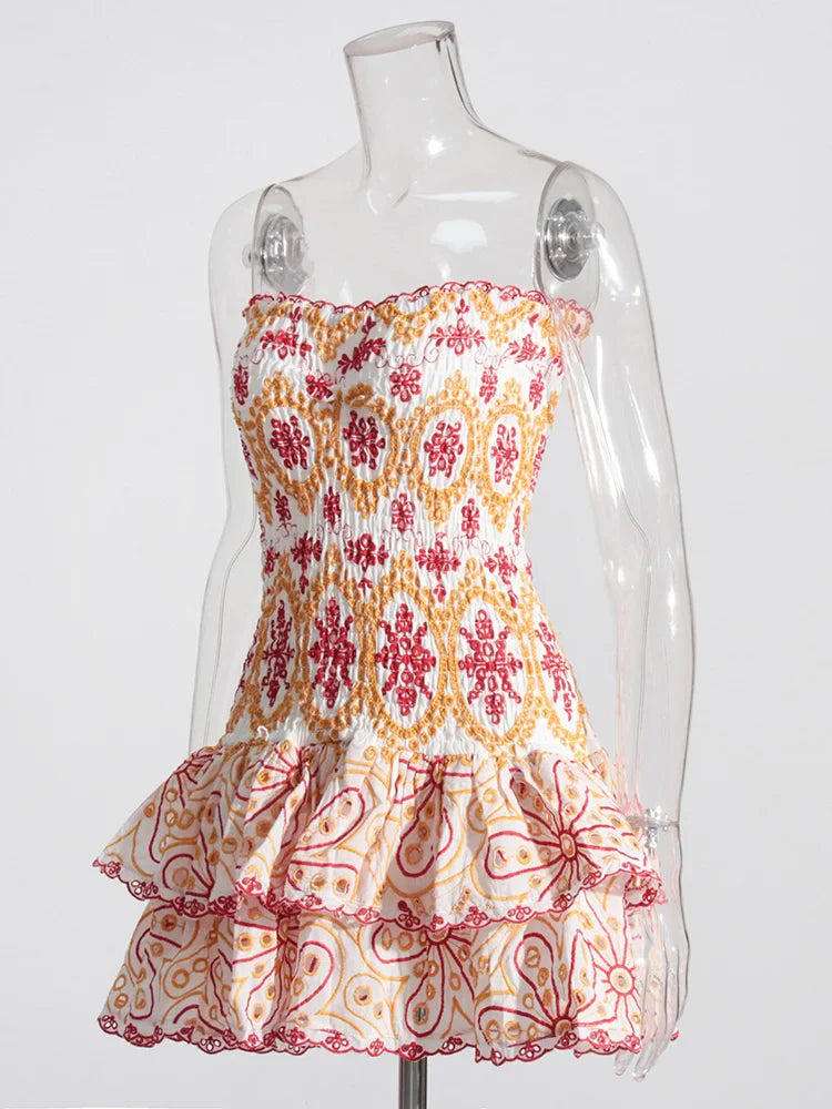 Embroidery Print Strapless Mini Dress Ruffled High Waist