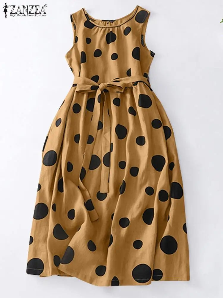 Polka Dot Kaftan Dress For Women Belted Waist Sleeveless