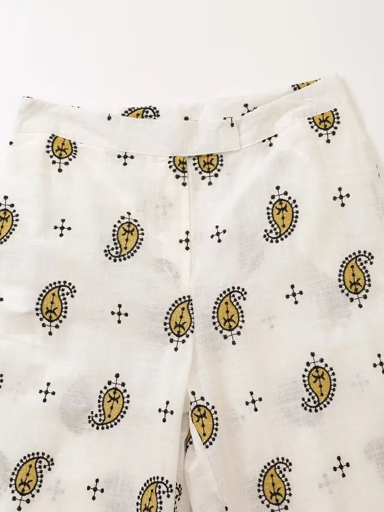 Vintage Women Embroidered Cardigan Coat and Wide Leg Trousers 2 Piece Outfit Set