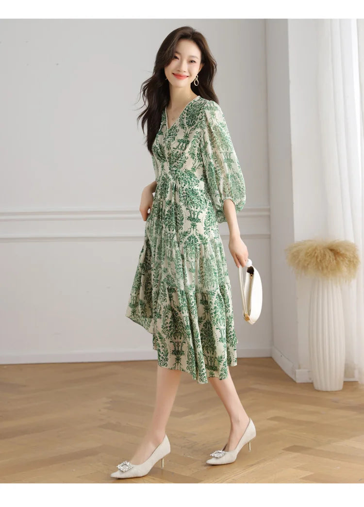 Floral Chiffon Dress For Women V Neck A Line Dress