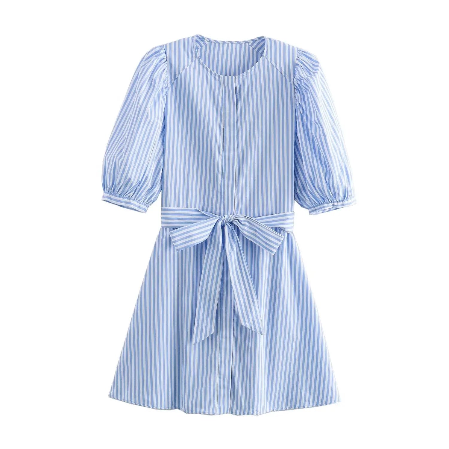 Orange Puff Sleeve Mini Dress With Bow Belt For Women