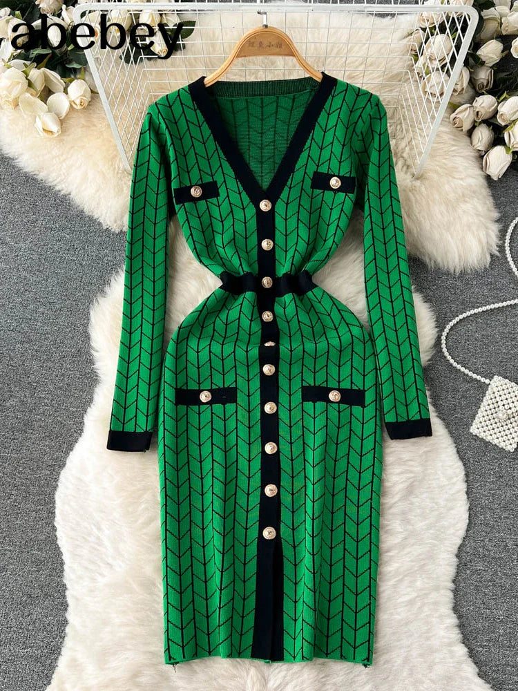 Autumn Plaid Knit Dress Women V Neck Elastic Waist Midi
