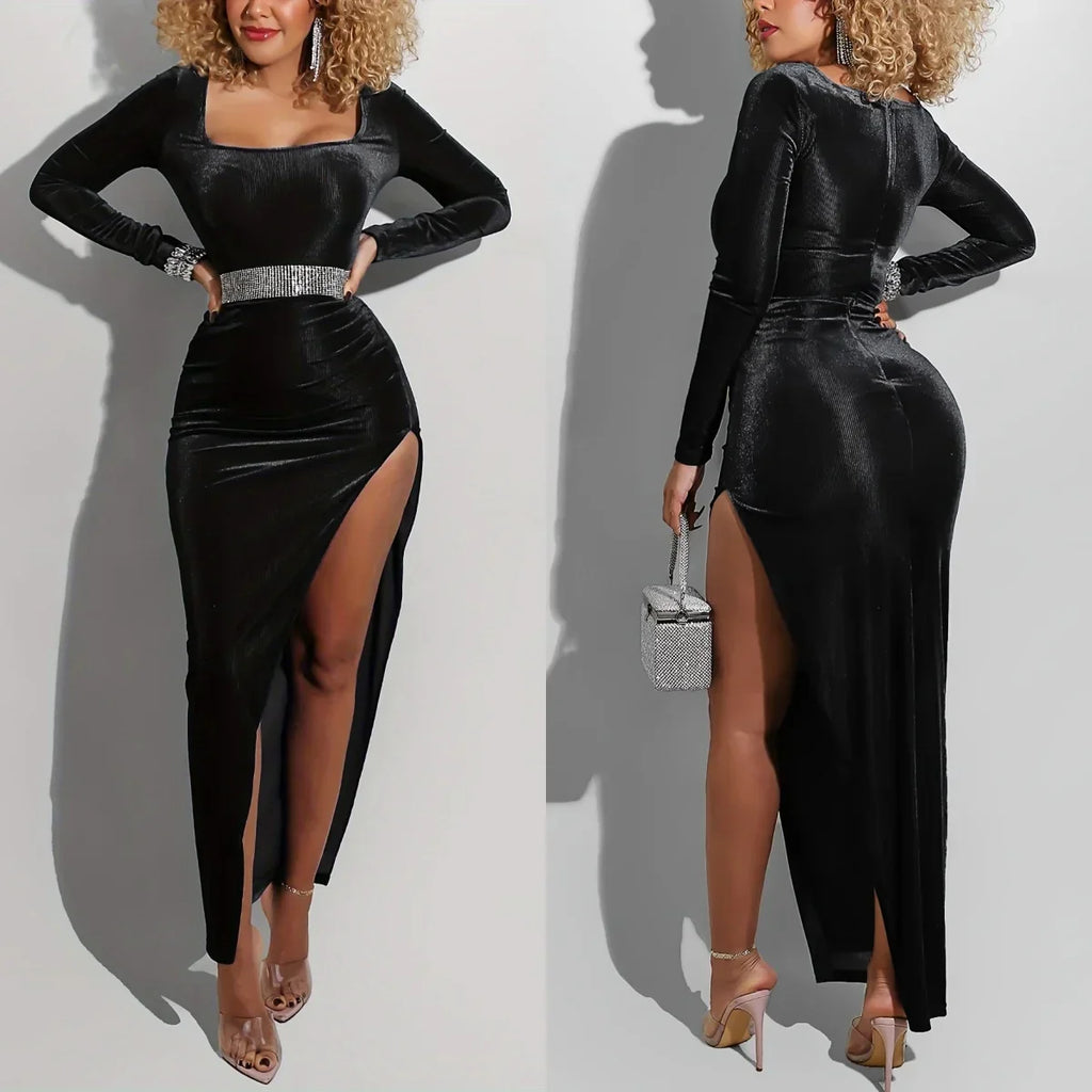 Velvet Long Sleeve Maxi Dress With Split For Wedding Guest