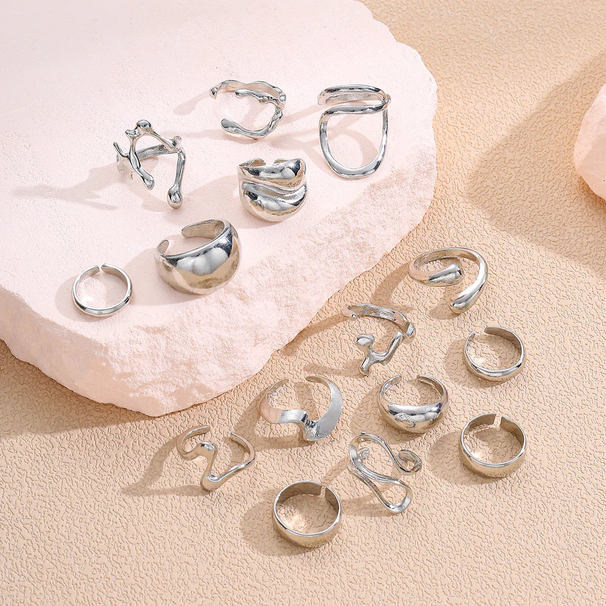 15Pcs Geometric Open Rings Set for Women Chunky Silver Hip Hop Jewelry