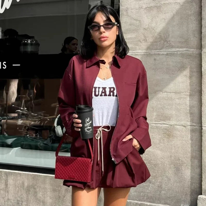 Women's Burgundy Skirt and Long Sleeve Jacket Set Elegant Mini Bow Lantern Sleeve Suit Autumn Outfit Stylish Two-Piece Matching Set