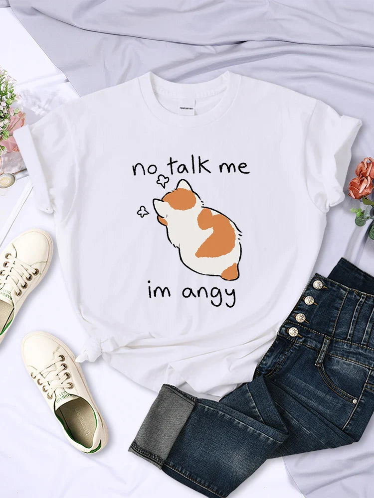 Cute Angry Cat Print T Shirt for Women Comfortable Summer Tee Breathable Hip Hop Style Short Sleeve Top