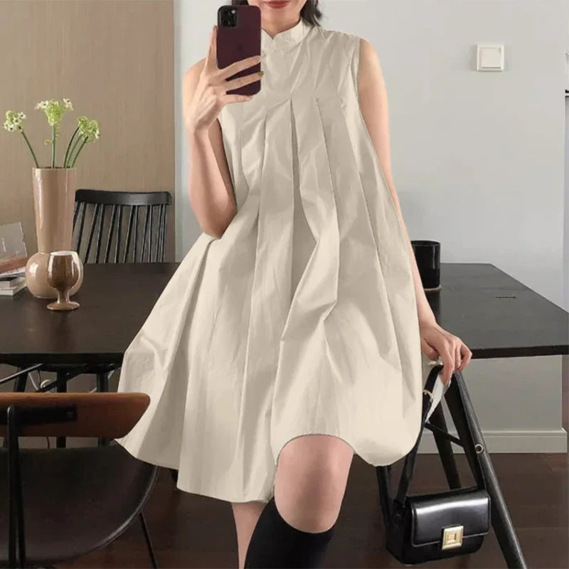 Mandarin Collar Pleated Sundress Women Sleeveless A Line