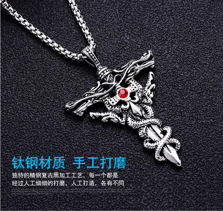 Punk Fashion Titanium Steel Necklace with Double Dragon Sword Pendant and Evil Eye Cross for Men