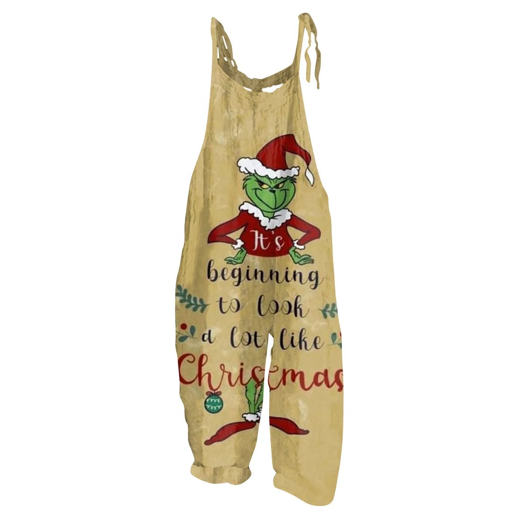 Kawaii Cartoon Print Casual Loose Vintage Strappy Jumpsuit Women's Fashion Festival Pants with Christmas Theme