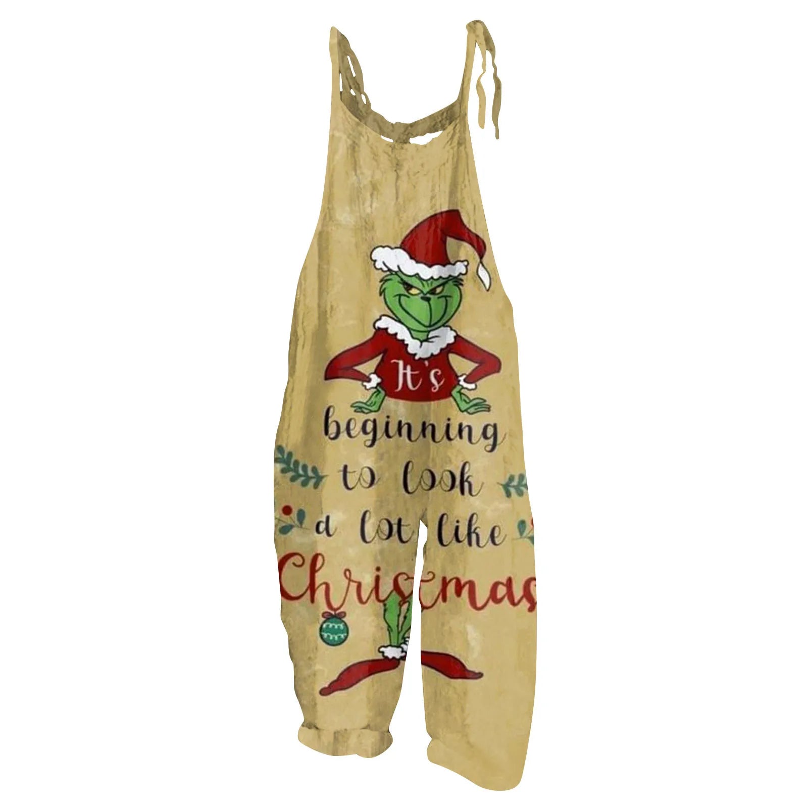 Kawaii Cartoon Print Casual Loose Vintage Strappy Jumpsuit Women's Fashion Festival Pants with Christmas Theme