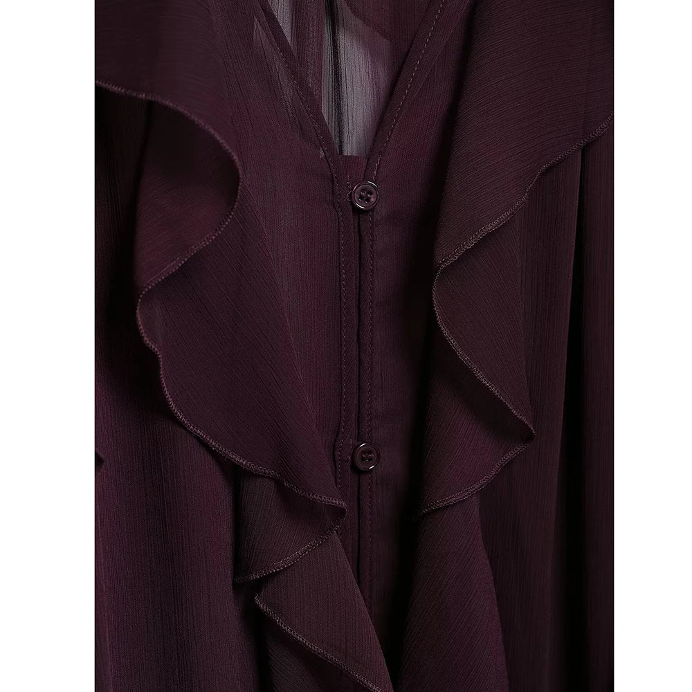 Loose Fit Burgundy Mesh Ruffle Shirt with Flutter Sleeves and Stacked Decorative Design for Women
