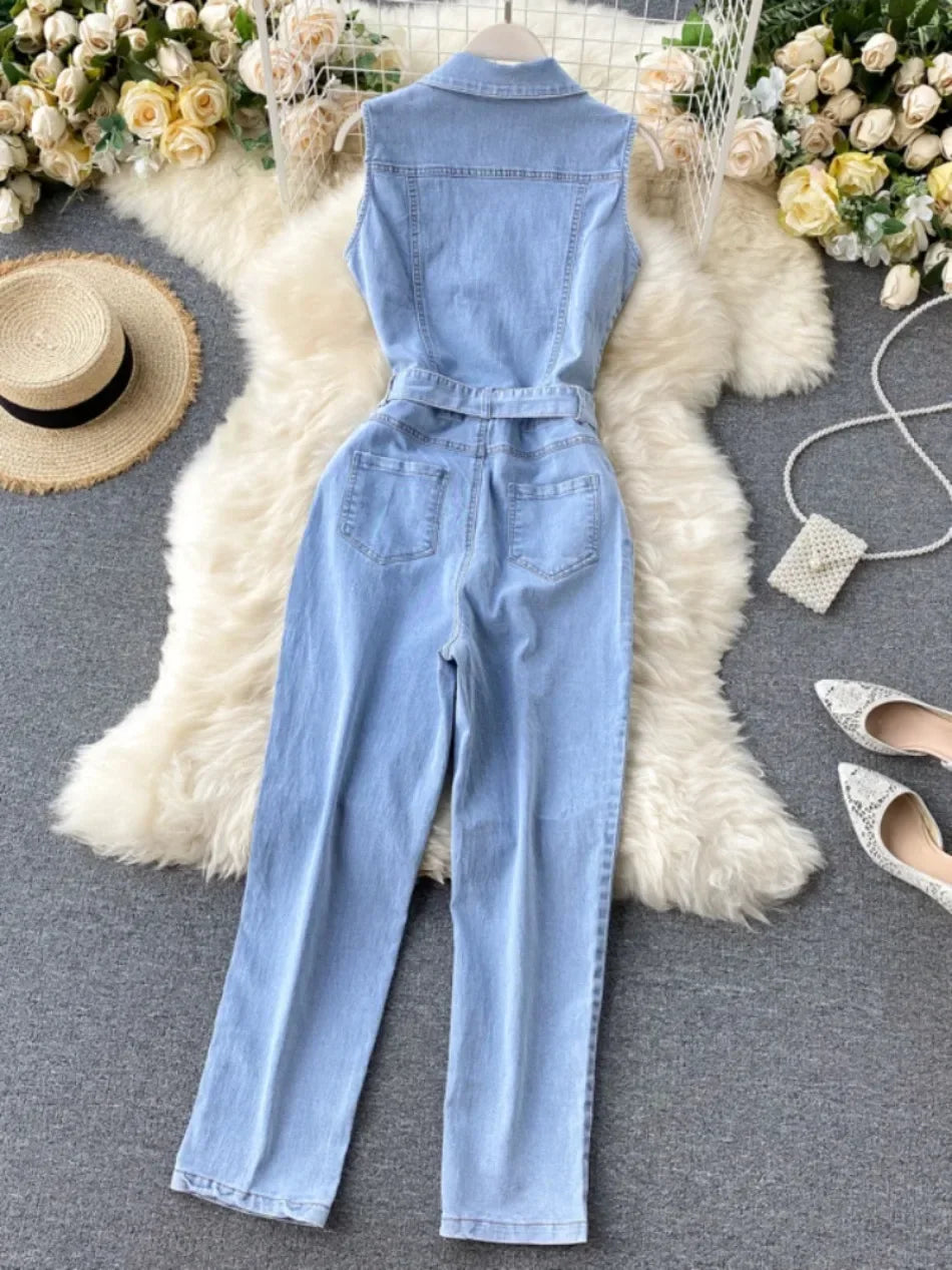 Slim Fit Sleeveless Denim Jumpsuit for Women with Single Row Buckle and Retro Lace-Up Detail Summer Fashion Jumpsuit