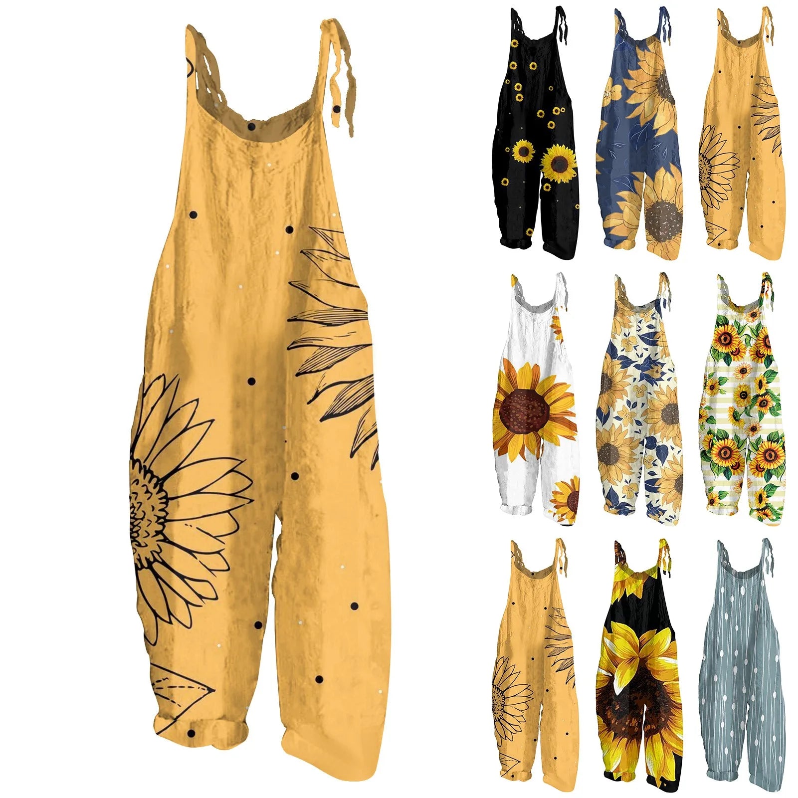 Sunflower Print Overalls for Women Casual Jumpsuit