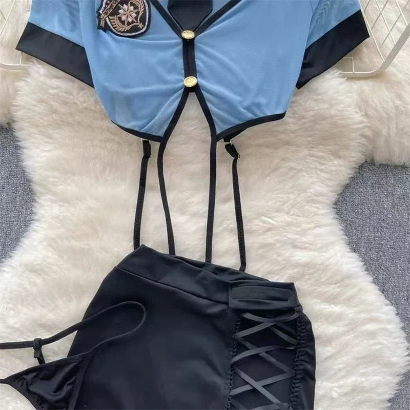 Women Preppy Sexy Uniform Set Sheer V Neck Top Lace Up Mini Skirt Hollow Out Thong Lingerie Cosplay Costume