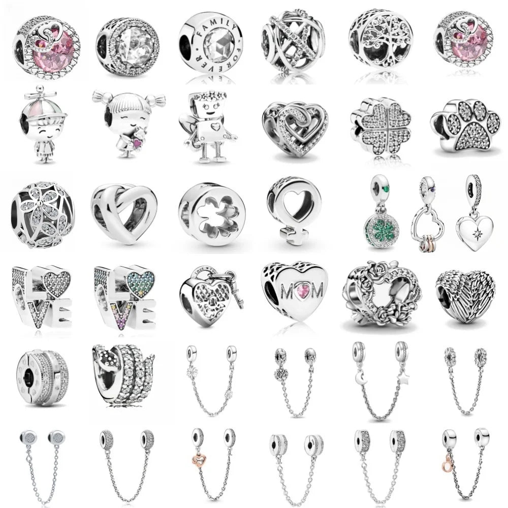 925 Sterling Silver Family Tree Heart Pendant Beads for DIY Bracelets