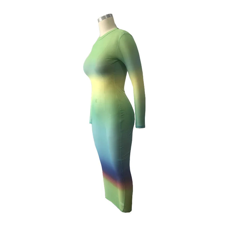 Rainbow Gradient Sheer O Neck Dress For Clubwear Nights