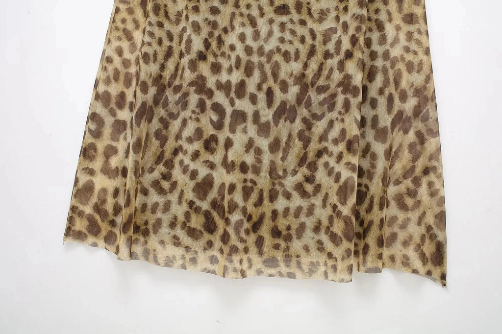 Leopard Print Maxi Dress Tulle Backless Slip for Women