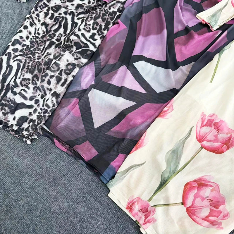 Mesh Print Maxi Dress With V Neck Full Sleeve Bodycon