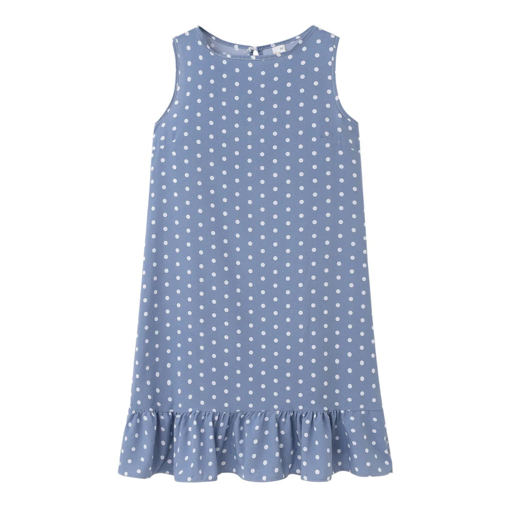 Polka Dot Dress Ruffled Sleeveless Women Round Neck